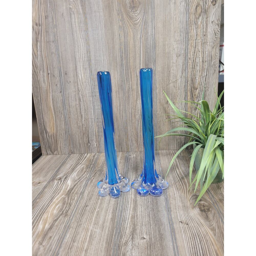 2 Vintage Bud Vases Blue, Twisted Tube Stem, Elephant Base, Art Glass